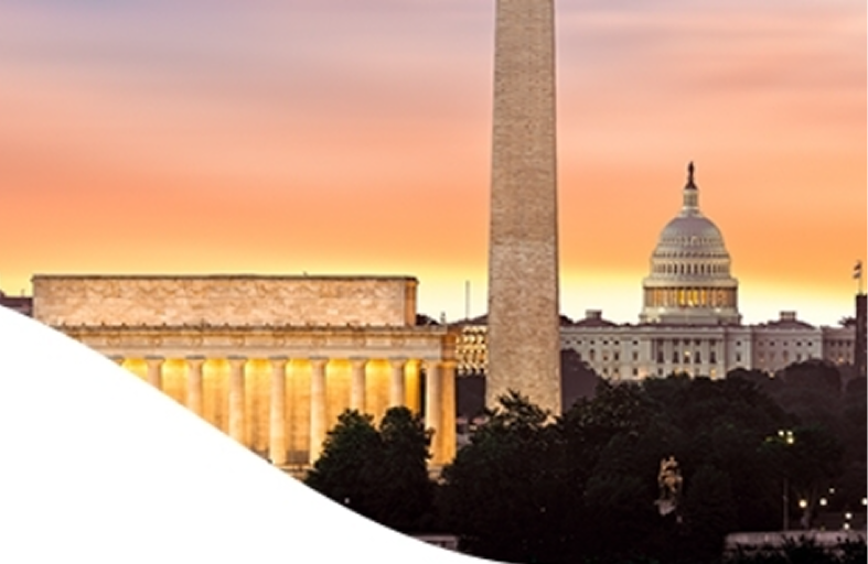 Sunset view of Washington, D.C. landmarks: Lincoln Memorial, Washington Monument, and U.S. Capitol building in silhouette.
