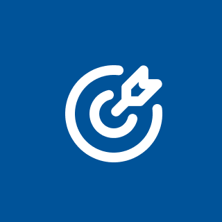 A white target with a dart in the bullseye on a blue background.