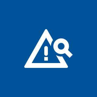 White triangle with an exclamation mark inside, a magnifying glass overlaps on the right, all on a blue background.
