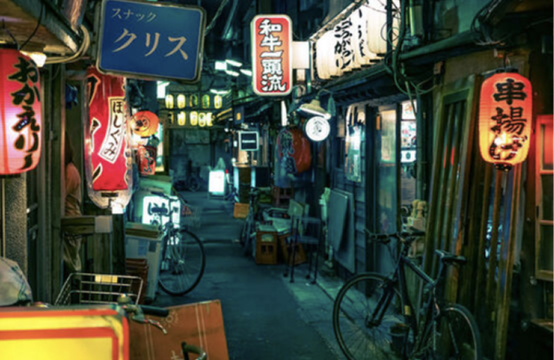 Narrow, dimly lit alley with neon signs in Japanese, bicycles, and small illuminated storefronts.