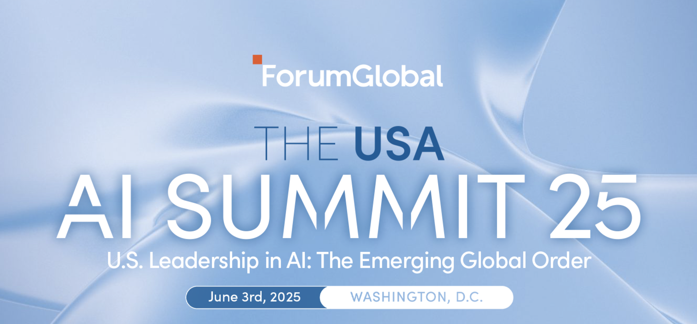 A blue and white poster with the words " forum global usa summit leadership in ai : emerging globe."